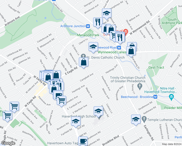 map of restaurants, bars, coffee shops, grocery stores, and more near 316 Campbell Avenue in Havertown