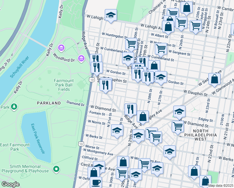 map of restaurants, bars, coffee shops, grocery stores, and more near 3039 West Susquehanna Avenue in Philadelphia