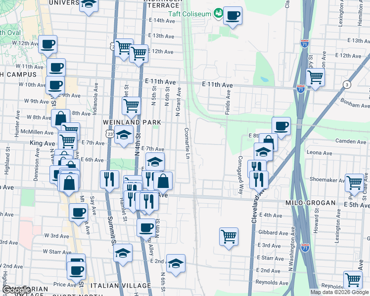 map of restaurants, bars, coffee shops, grocery stores, and more near 1293 Cromartie Lane in Columbus