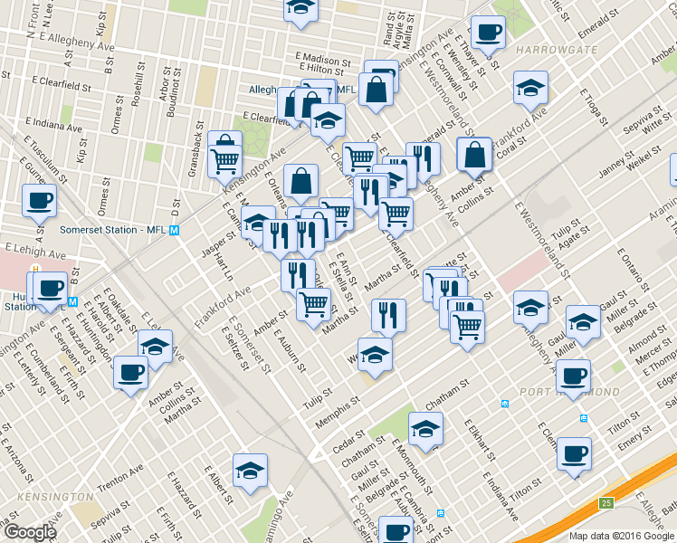 map of restaurants, bars, coffee shops, grocery stores, and more near 2073 East Stella Street in Philadelphia