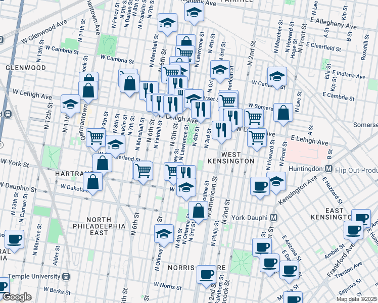 map of restaurants, bars, coffee shops, grocery stores, and more near 2557 North Leithgow Street in Philadelphia