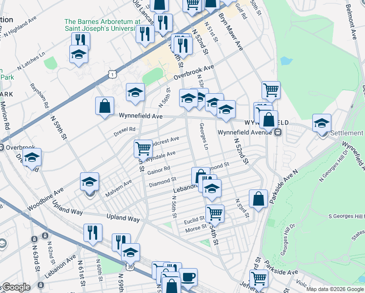 map of restaurants, bars, coffee shops, grocery stores, and more near 5411 Wyndale Avenue in Philadelphia