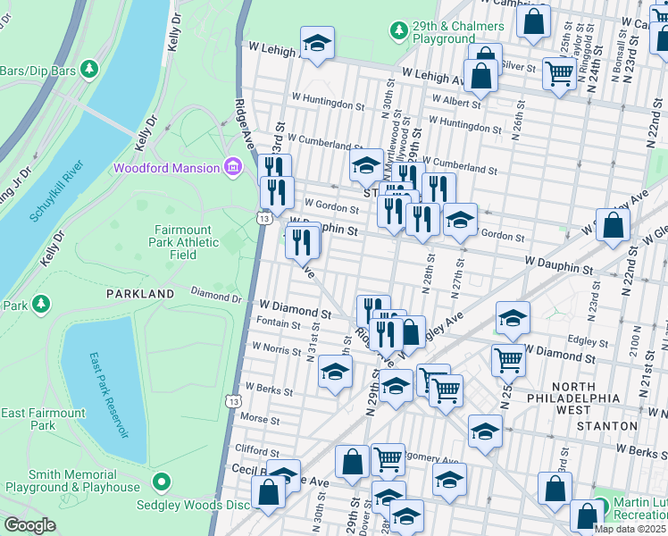 map of restaurants, bars, coffee shops, grocery stores, and more near 3041 West Susquehanna Avenue in Philadelphia