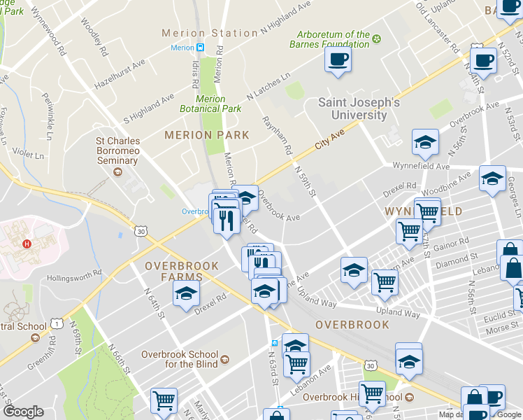 map of restaurants, bars, coffee shops, grocery stores, and more near 6038 Overbrook Avenue in Philadelphia