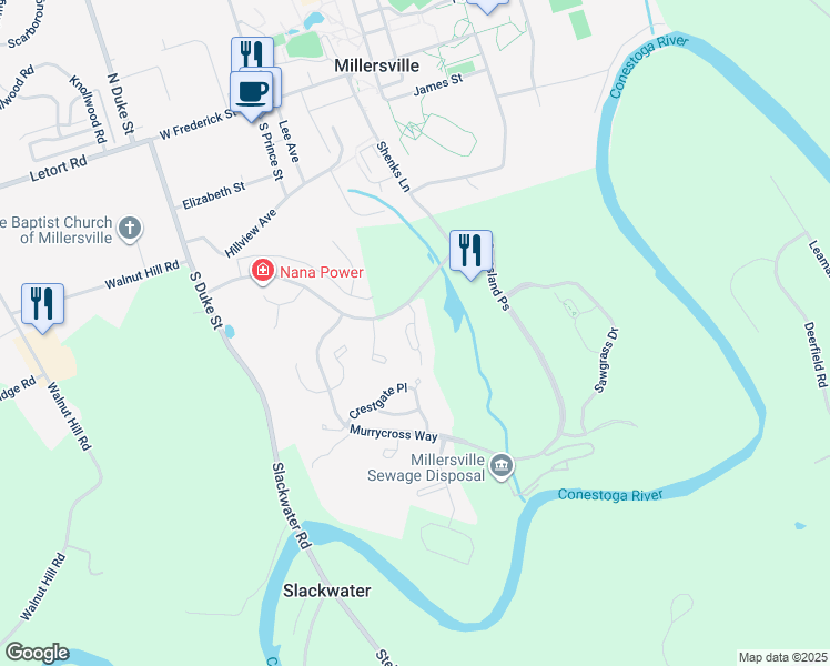map of restaurants, bars, coffee shops, grocery stores, and more near Creekgate Court in Lancaster County