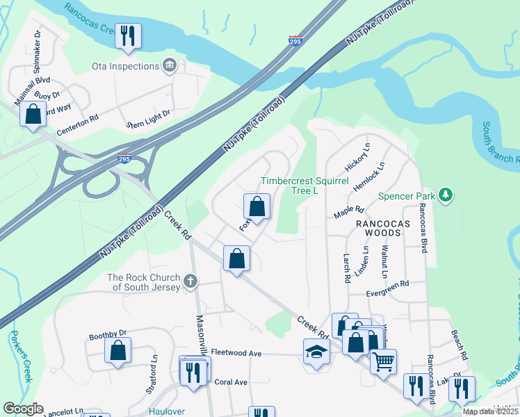 map of restaurants, bars, coffee shops, grocery stores, and more near 512 Foxwood Drive in Mount Laurel Township