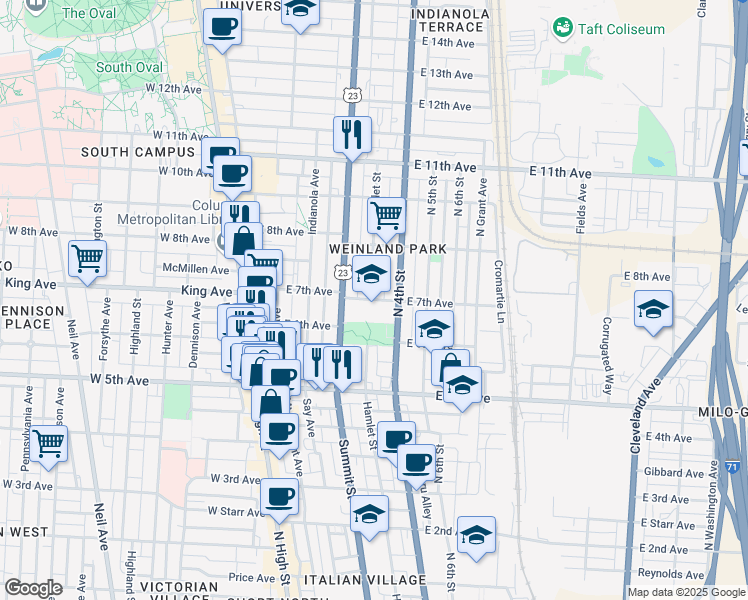 map of restaurants, bars, coffee shops, grocery stores, and more near 211 East 7th Avenue in Columbus
