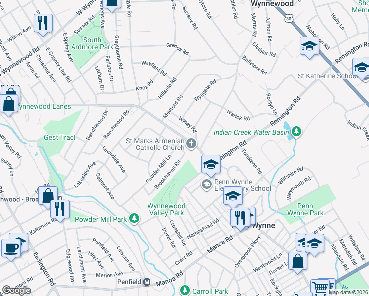 map of restaurants, bars, coffee shops, grocery stores, and more near 413 Rock Glen Drive in Wynnewood