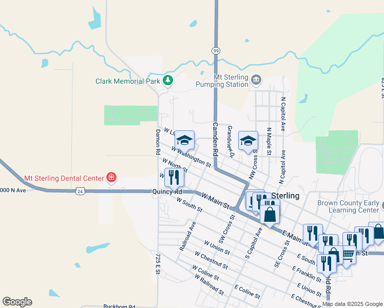 map of restaurants, bars, coffee shops, grocery stores, and more near 401 West Washington Street in Mount Sterling