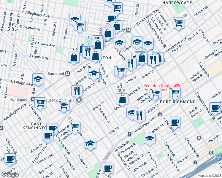 map of restaurants, bars, coffee shops, grocery stores, and more near 2050 East Orleans Street in Philadelphia