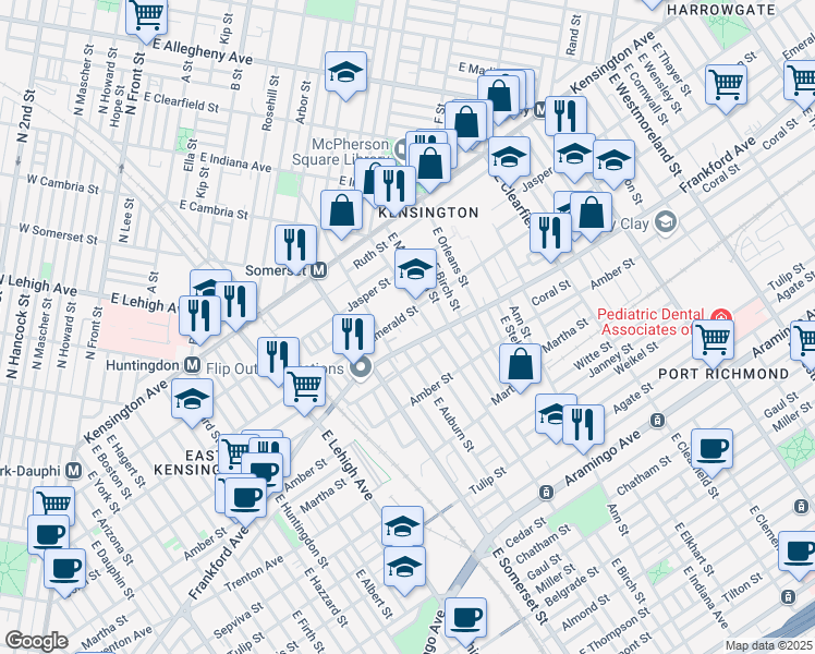 map of restaurants, bars, coffee shops, grocery stores, and more near 2018 East Cambria Street in Philadelphia