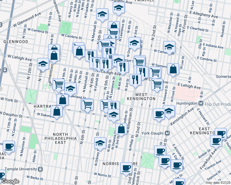 map of restaurants, bars, coffee shops, grocery stores, and more near 2557 North Leithgow Street in Philadelphia