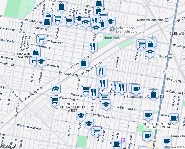 map of restaurants, bars, coffee shops, grocery stores, and more near 2321 North Beechwood Street in Philadelphia