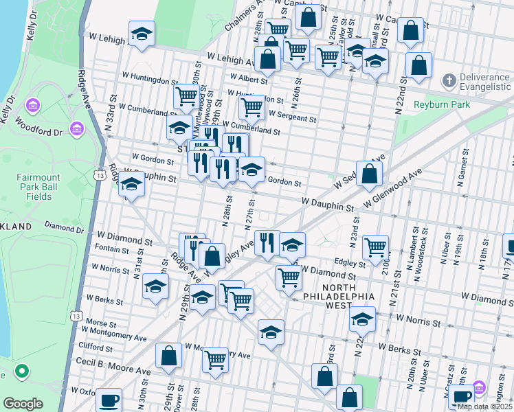 map of restaurants, bars, coffee shops, grocery stores, and more near 2631 West Fletcher Street in Philadelphia