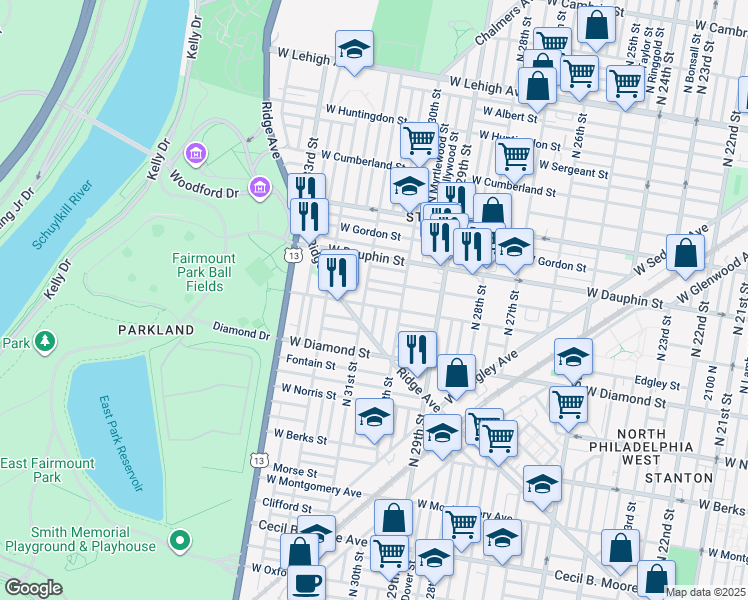 map of restaurants, bars, coffee shops, grocery stores, and more near 3039 West Susquehanna Avenue in Philadelphia