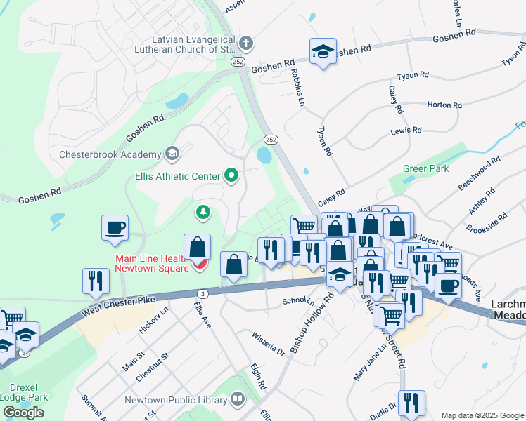 map of restaurants, bars, coffee shops, grocery stores, and more near 367 Horseshoe Trail in Delaware County