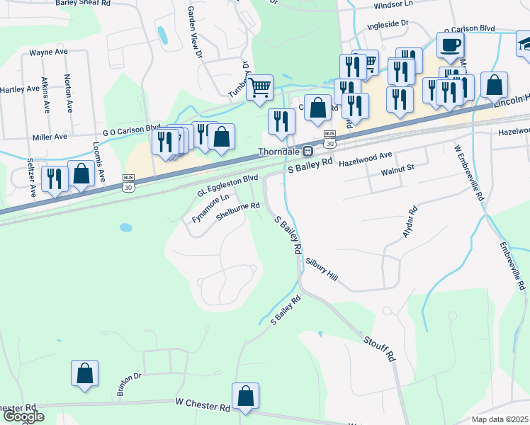 map of restaurants, bars, coffee shops, grocery stores, and more near 2759 Stockley Lane in Downingtown