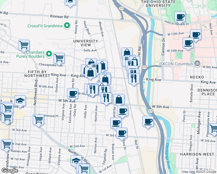 map of restaurants, bars, coffee shops, grocery stores, and more near 1488 Delashmut Avenue in Columbus