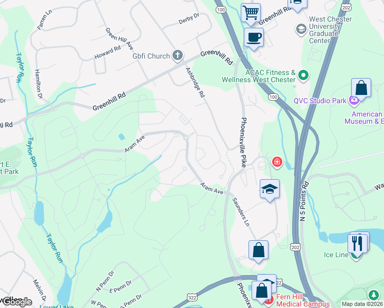 map of restaurants, bars, coffee shops, grocery stores, and more near 1154 Sculthorpe Drive in West Chester