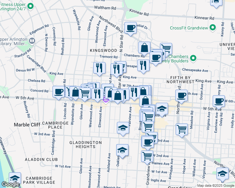 map of restaurants, bars, coffee shops, grocery stores, and more near 1597 North Star Avenue in Columbus
