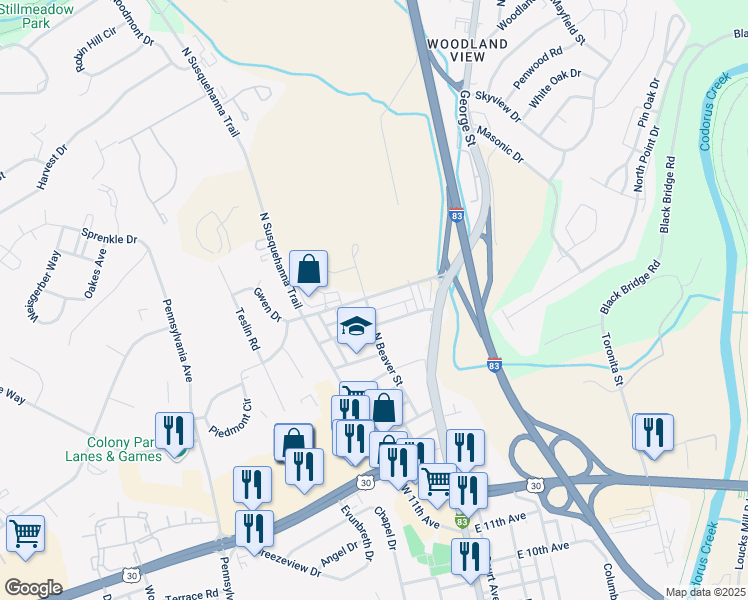 map of restaurants, bars, coffee shops, grocery stores, and more near 92 Lightner Rd in York