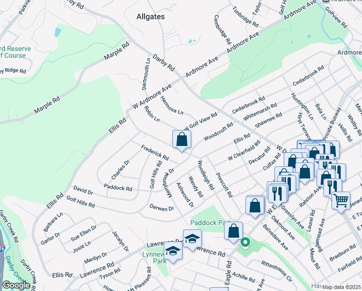 map of restaurants, bars, coffee shops, grocery stores, and more near 212 Ellis Road in Havertown