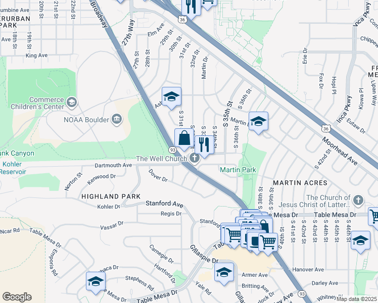 map of restaurants, bars, coffee shops, grocery stores, and more near 195 South 32nd Street in Boulder