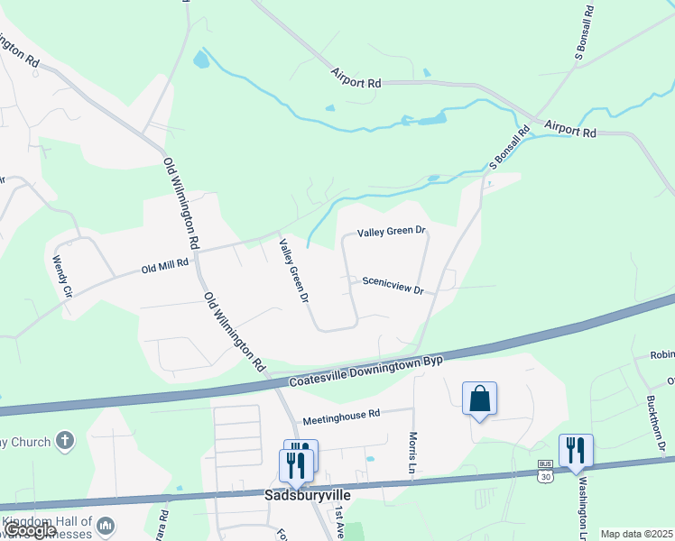 map of restaurants, bars, coffee shops, grocery stores, and more near 128 Valley Green Drive in Coatesville