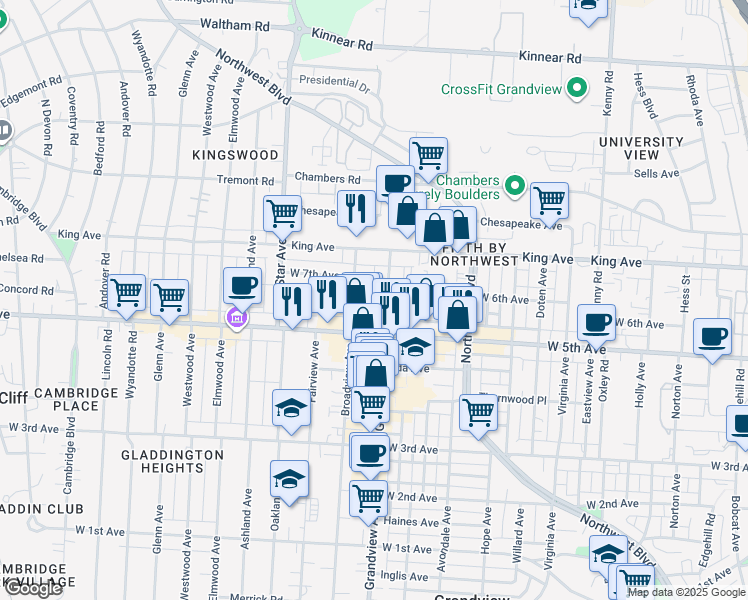 map of restaurants, bars, coffee shops, grocery stores, and more near 1573 Grandview Avenue in Columbus