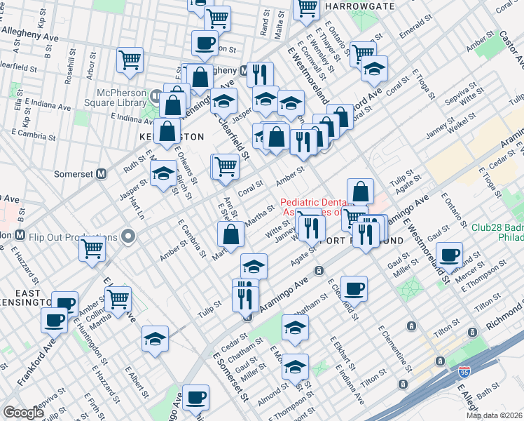 map of restaurants, bars, coffee shops, grocery stores, and more near 3060 Martha Street in Philadelphia