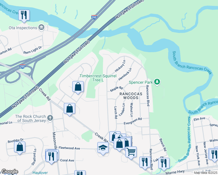 map of restaurants, bars, coffee shops, grocery stores, and more near 407 Timberline Drive in Mount Laurel Township