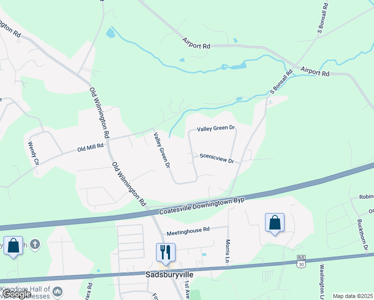 map of restaurants, bars, coffee shops, grocery stores, and more near 128 Valley Green Drive in Coatesville