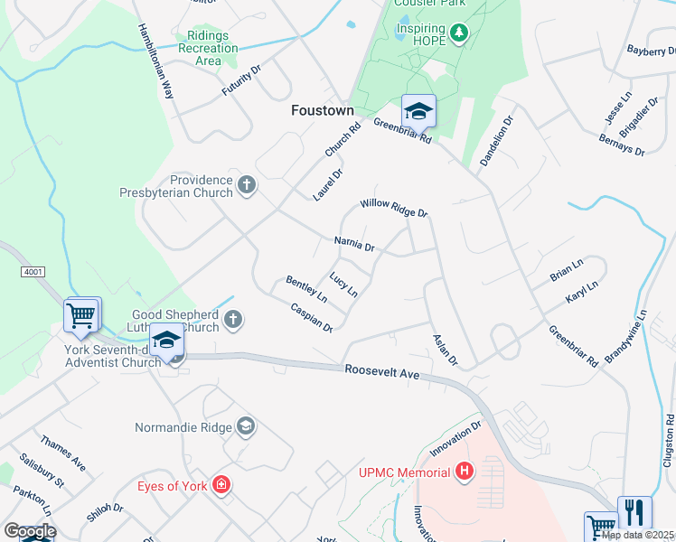 map of restaurants, bars, coffee shops, grocery stores, and more near 2176 Lucy Lane in York
