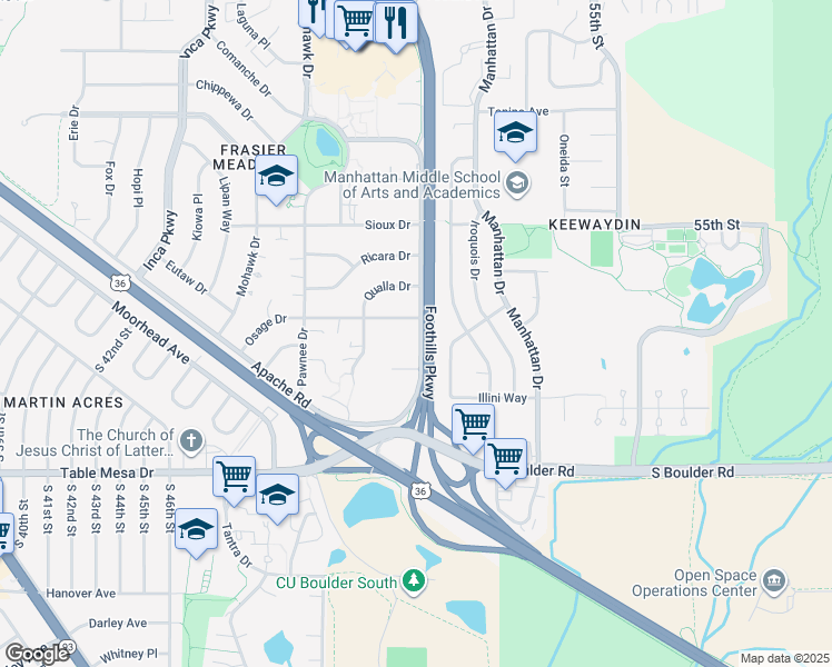 map of restaurants, bars, coffee shops, grocery stores, and more near 4990 Osage Drive in Boulder