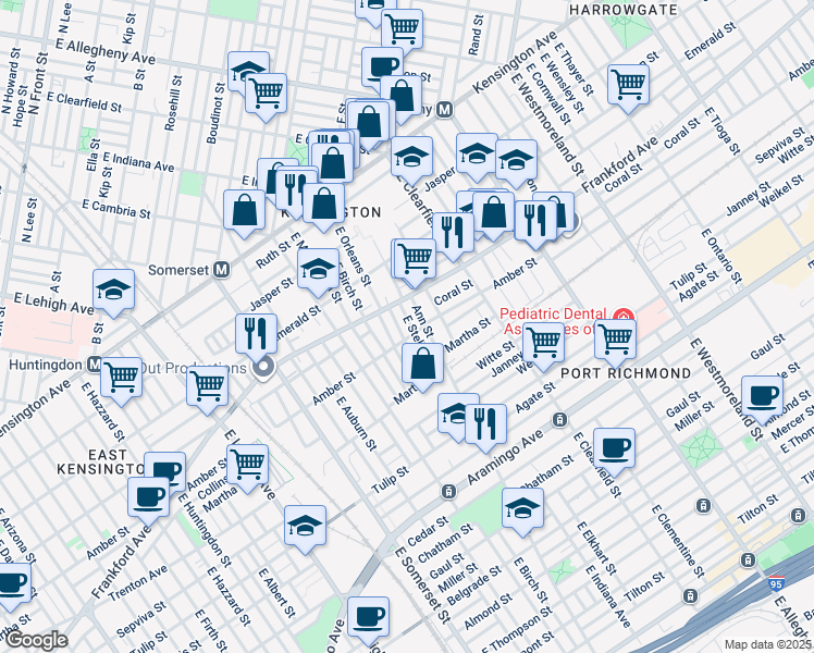 map of restaurants, bars, coffee shops, grocery stores, and more near 2068 East Stella Street in Philadelphia