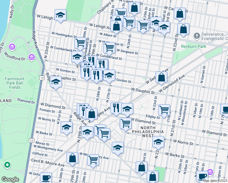 map of restaurants, bars, coffee shops, grocery stores, and more near 2617 West Fletcher Street in Philadelphia