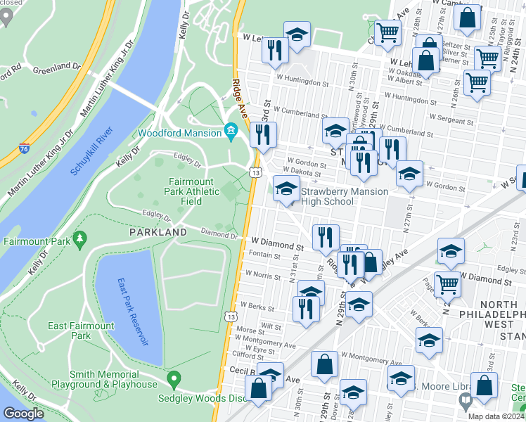 map of restaurants, bars, coffee shops, grocery stores, and more near 3224 West Susquehanna Avenue in Philadelphia