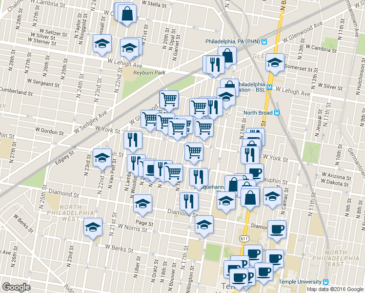 map of restaurants, bars, coffee shops, grocery stores, and more near 2354 North 18th Street in Philadelphia