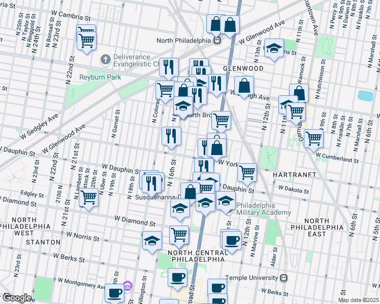 map of restaurants, bars, coffee shops, grocery stores, and more near 1508 West Boston Street in Philadelphia