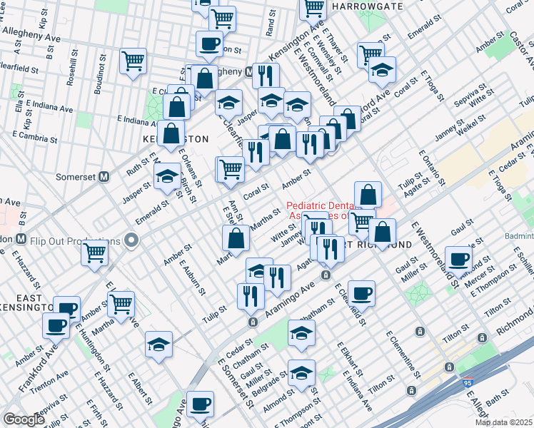 map of restaurants, bars, coffee shops, grocery stores, and more near 3060 Martha St in Philadelphia