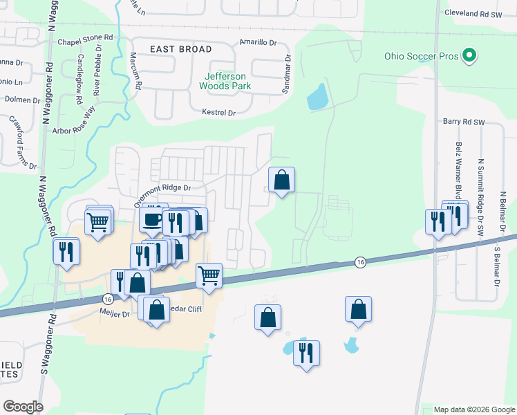 map of restaurants, bars, coffee shops, grocery stores, and more near 8398 Varden Court in Blacklick