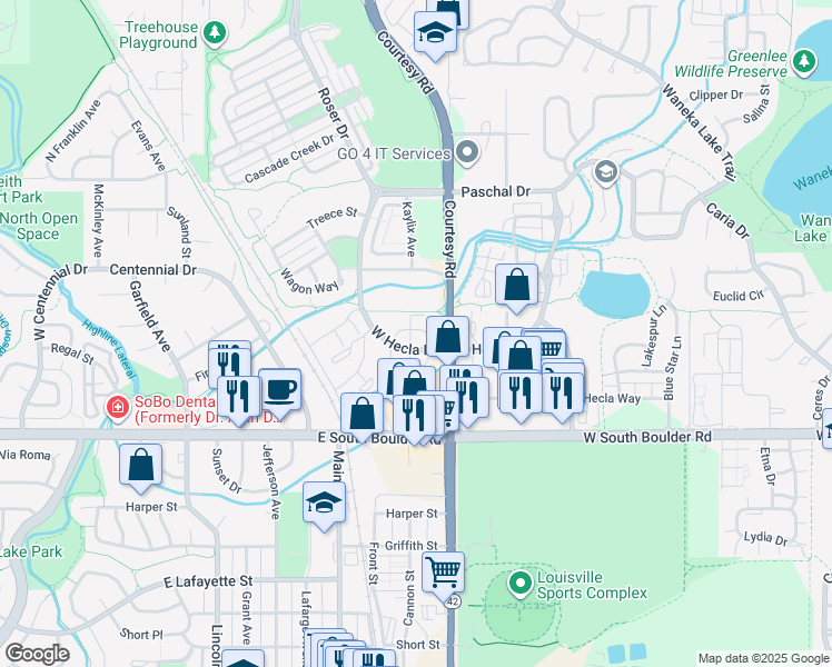 map of restaurants, bars, coffee shops, grocery stores, and more near 1220 North Kestrel Lane in Louisville