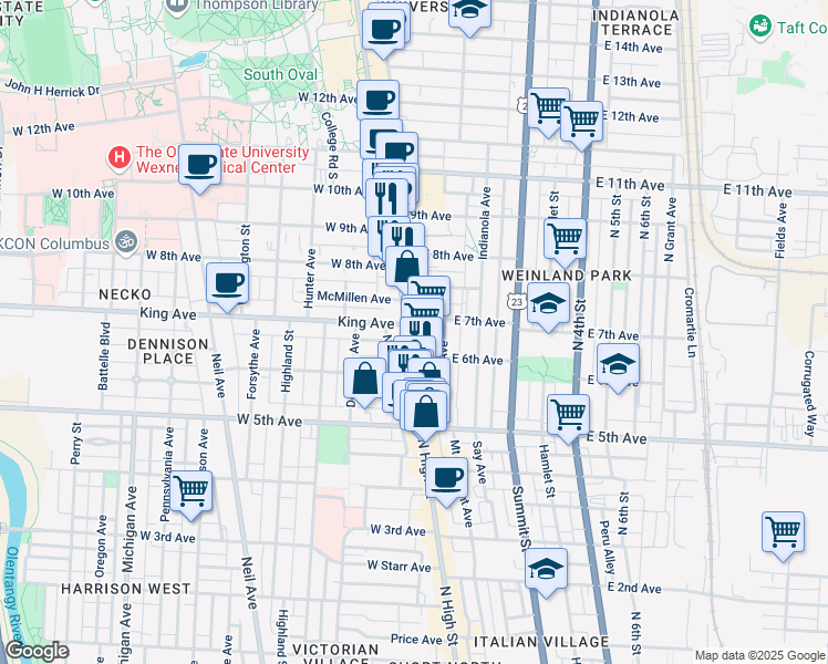 map of restaurants, bars, coffee shops, grocery stores, and more near 1374 North High Street in Columbus