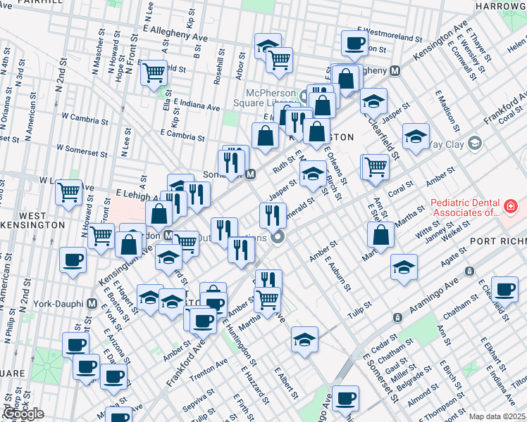 map of restaurants, bars, coffee shops, grocery stores, and more near 1910 East Somerset Street in Philadelphia