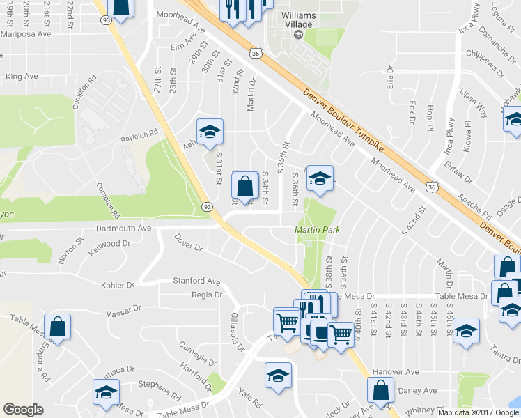 map of restaurants, bars, coffee shops, grocery stores, and more near 195 South 34th Street in Boulder