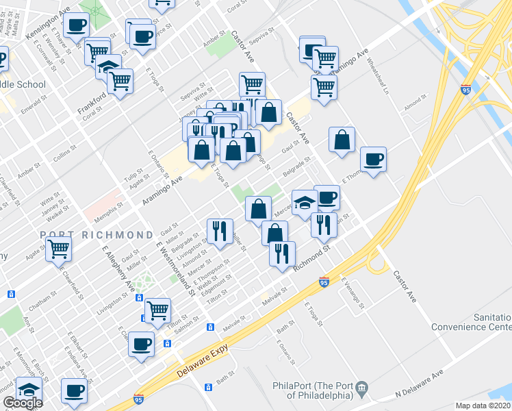 map of restaurants, bars, coffee shops, grocery stores, and more near 2545 East Tioga Street in Philadelphia