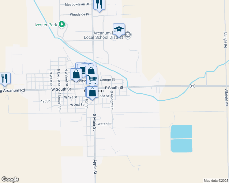 map of restaurants, bars, coffee shops, grocery stores, and more near 204 East South Street in Arcanum