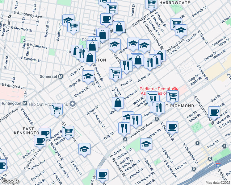 map of restaurants, bars, coffee shops, grocery stores, and more near 2073 East Stella Street in Philadelphia