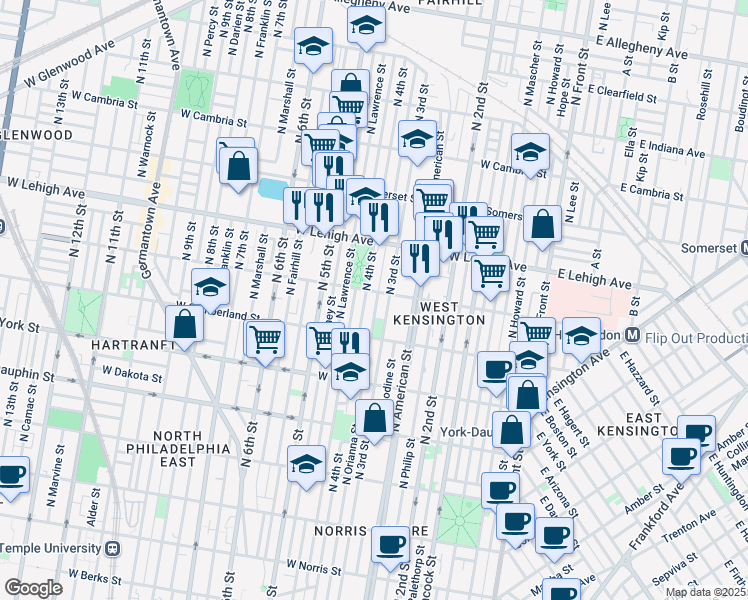 map of restaurants, bars, coffee shops, grocery stores, and more near 2568 North Orianna Street in Philadelphia