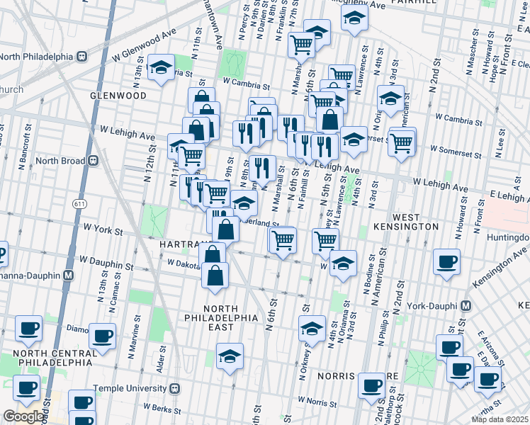 map of restaurants, bars, coffee shops, grocery stores, and more near 2515 North 7th Street in Philadelphia